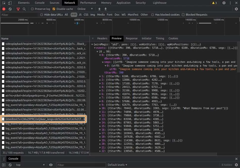 Devtools Opening YouTube Closed Captions Response
