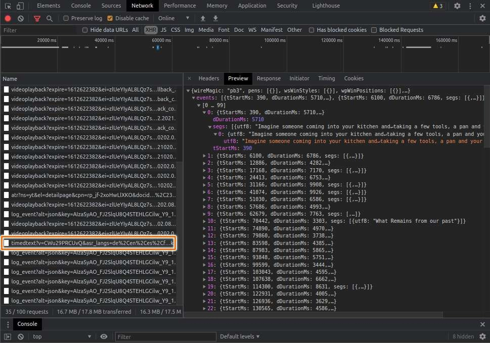 Devtools Opening YouTube Closed Captions Response