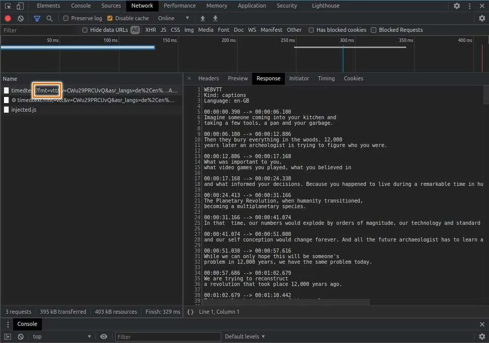 Devtools Opening YouTube Closed Captions Response with WebVTT Format