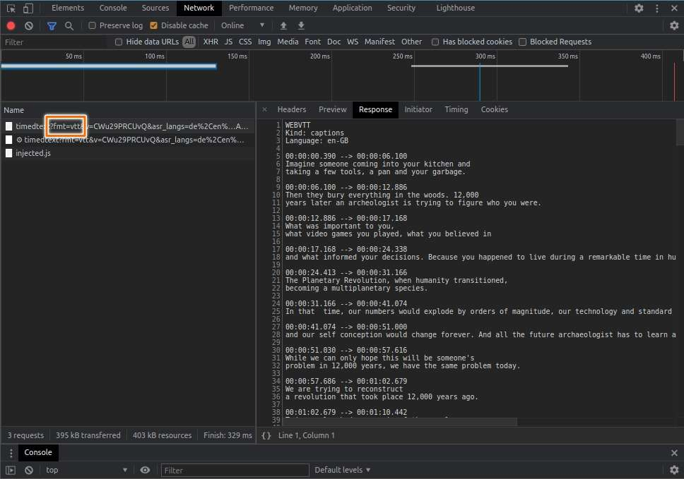 Devtools Opening YouTube Closed Captions Response with WebVTT Format